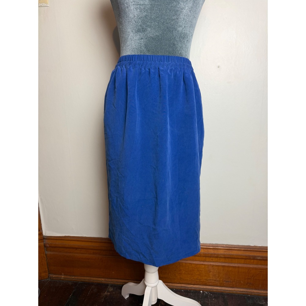 Vintage Royal Blue 100% Silk Midi‎ Skirt Elastic Waist Size 12 Classic old money